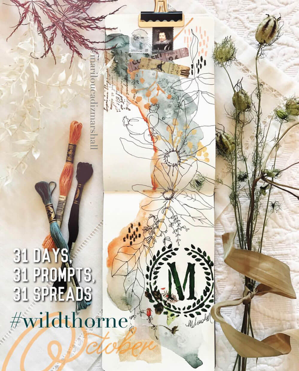 Marilou’s art journal using the 31-Day Prompts for Wildthorne October