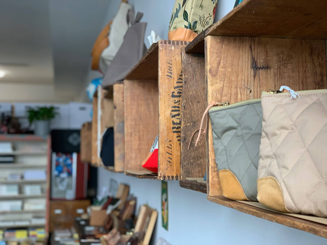 Unique and rustic merchandise shelves inside Baum-kuchen