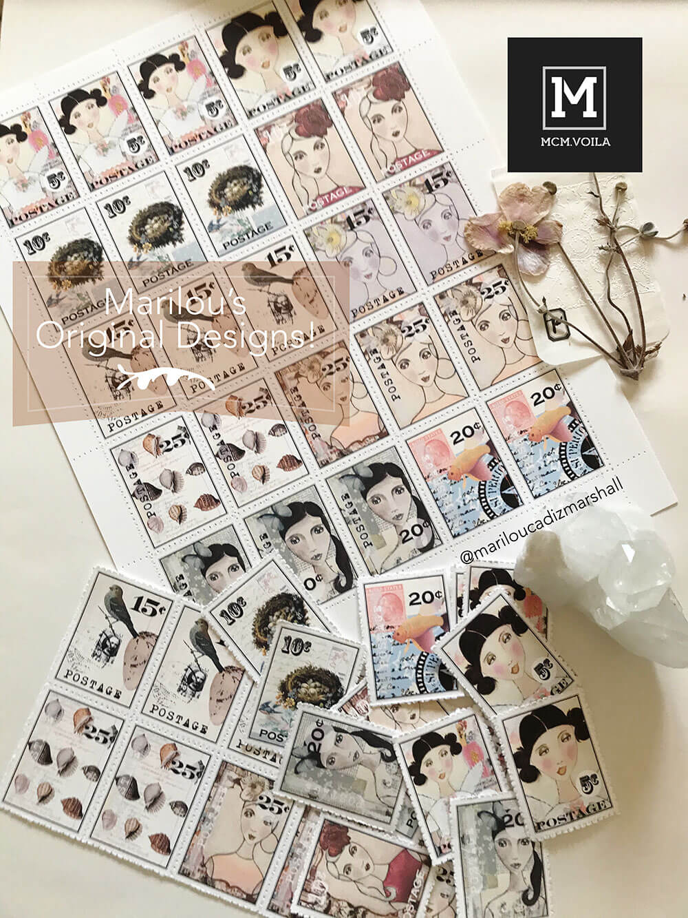 Marilou’s bespoke faux stamp sheets are part of her digital download series