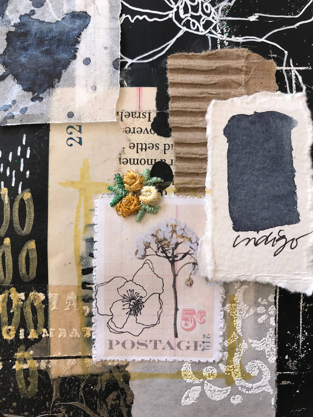 Close-up view of Marilou’s original designs on a faux stamp as part of a collage